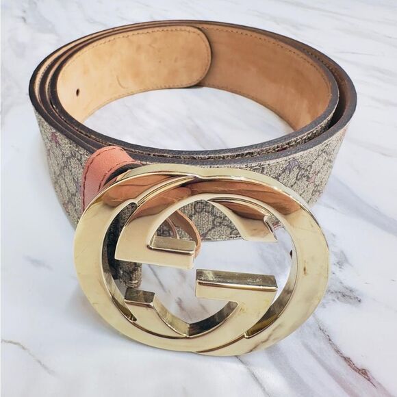 Gucci Brown Patterned Belt with Gold Buckle - Picture 6 of 7